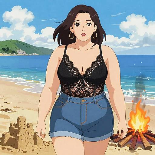 Anime-style digital illustration of a curvy woman with black hair, wearing a black lace top and blue denim shorts, walking on a sunny beach with a