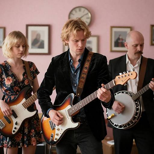 Three Musicians Playing Instruments Indoors