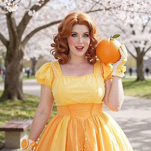 Photograph of a fair-skinned woman with curly red hair, wearing a bright yellow dress, holding an orange, standing in a sunny park with blo