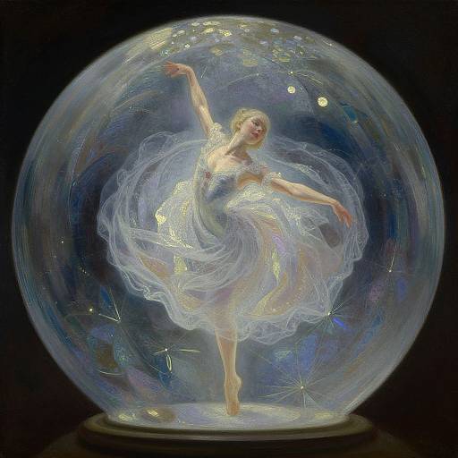 Digital painting of a ethereal ballerina with glowing white dress inside a shimmering snow globe, arms and legs gracefully poised.