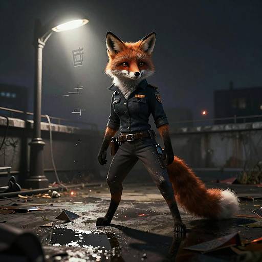 Digital artwork of an anthropomorphic fox in a dark, rain-soaked alley at night, wearing a black police uniform, standing confidently under a street lamp