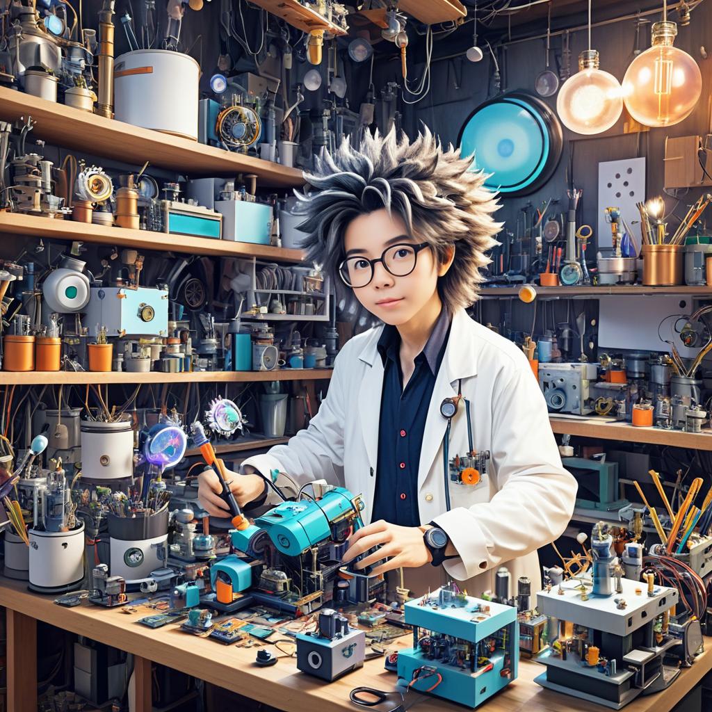 Whimsical Inventor in a Chaotic Workshop