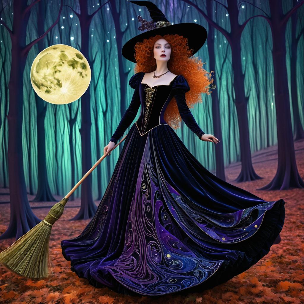 Trippy Witch in Velvet Gown at Night