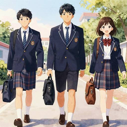 Anime-style digital illustration of three Japanese school students in navy blazers, plaid skirts, and ties, walking outside on a sunny day with trees and