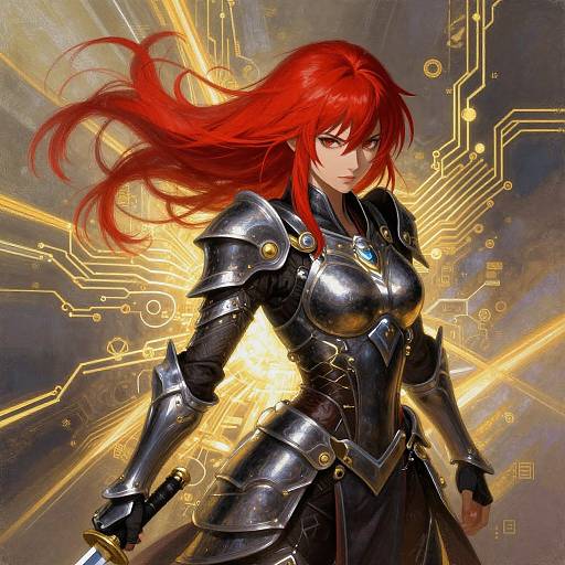 Digital art of a fierce red-haired woman in shiny black armor with golden circuitry background, glowing light behind her.
