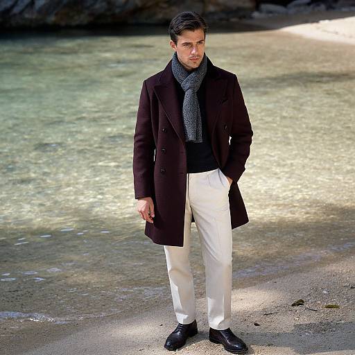Photograph of a handsome man with short dark hair, wearing a black coat, gray scarf, white pants, and black shoes, standing on a sandy