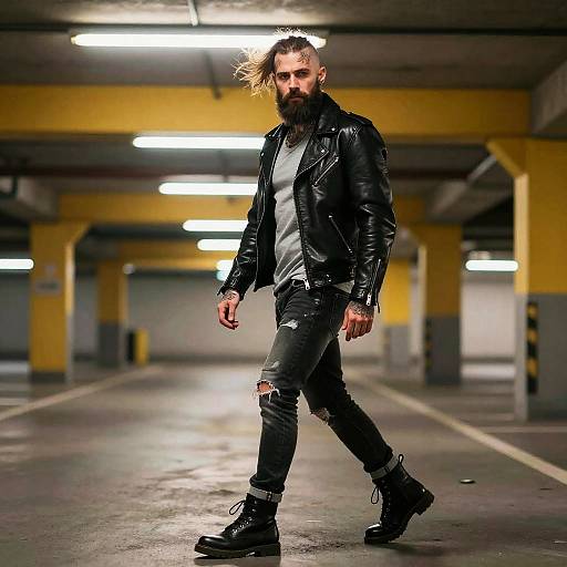 Confident Tattooed Biker in Urban Garage