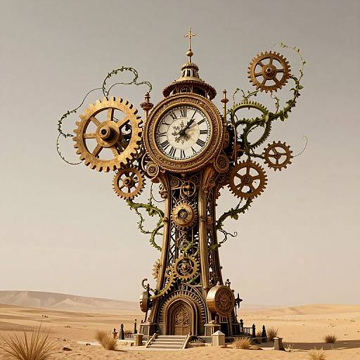 Steampunk clock tower with large gears, vines, and Roman numerals in a desert landscape, featuring small statues and a cross. Digital illustration.