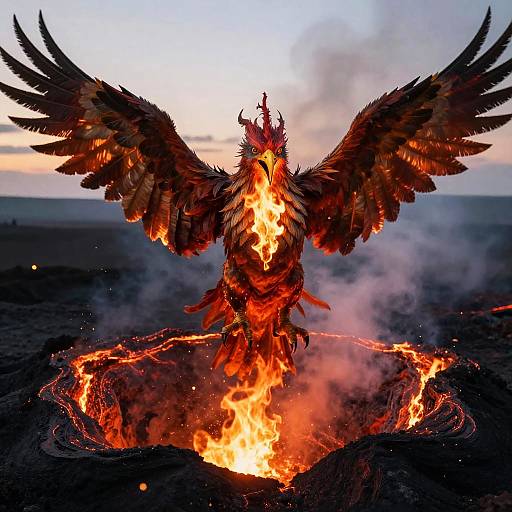 Fire-Breathing Phoenix in Volcanic Crater