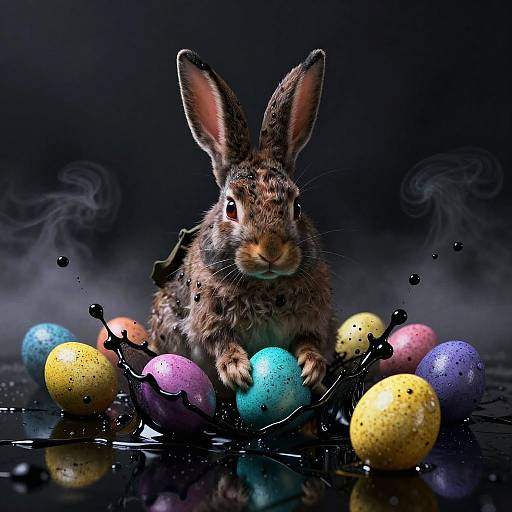 World War II Era Bunny with Colorful Easter Eggs and Black Oil Splash
