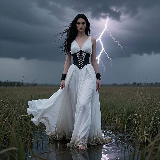 Photograph of a dark-haired woman in a white, plunging lace-corset dress, standing in a flooded field with a lightning bolt in a storm
