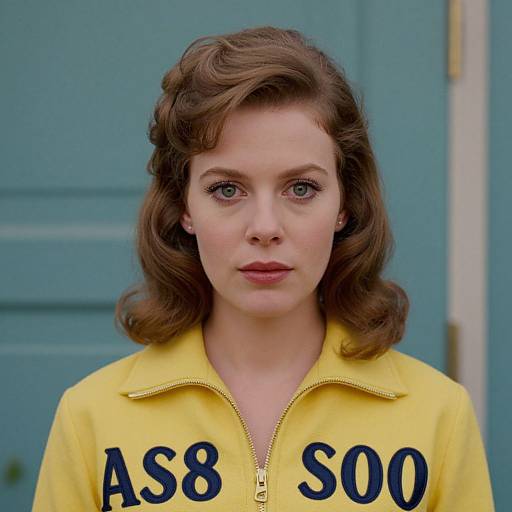 Photograph of a fair-skinned woman with wavy brown hair, wearing a yellow zip-up jacket with 