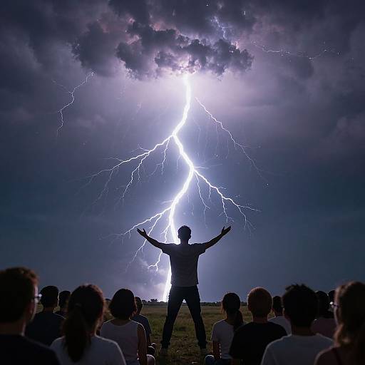 Photograph of a person silhouetted against a dramatic lightning bolt in a stormy sky, standing with arms raised, surrounded by a crowd of