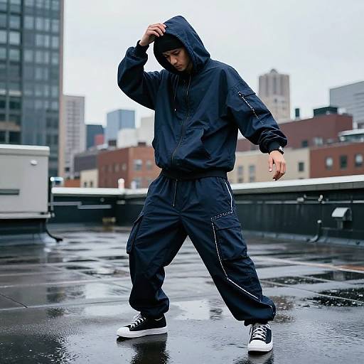 Photograph of a young man in a black hooded jacket and pants, black sneakers, walking on a wet rooftop with city buildings in the background on