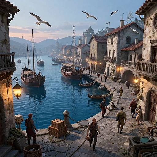 Photograph of a quaint, medieval harbor at dusk, with blue water, moored wooden boats, people walking, birds flying, and illuminated buildings.