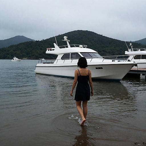 Woman Walking Towards Boat on Water
