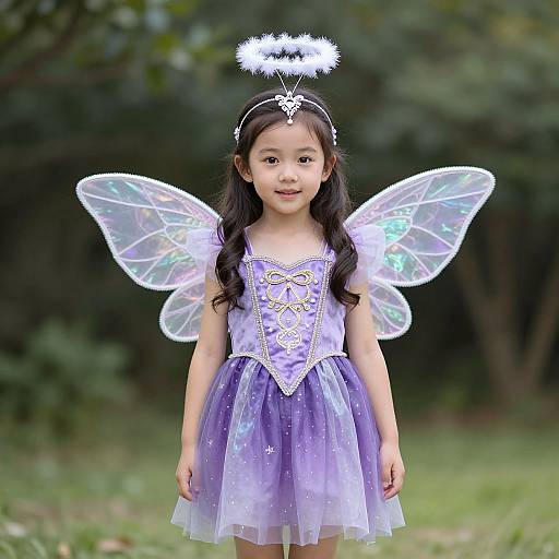 Photograph of a young Asian girl with long black hair, wearing a purple fairy costume, white wings, halo headband, and standing in a green