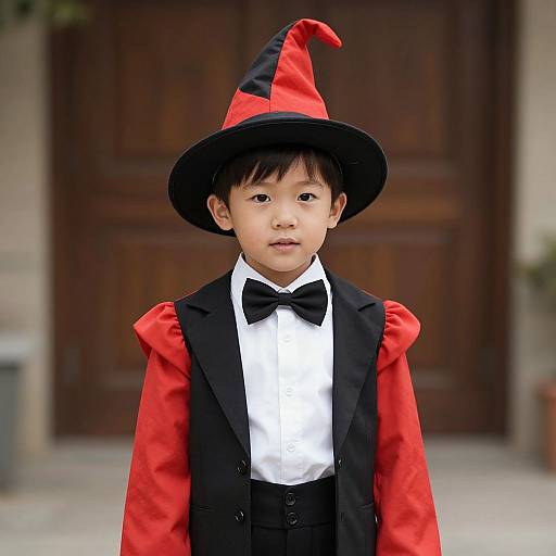 Photograph of an Asian boy in a red and black wizard costume with a pointed hat, standing in front of a wooden door.