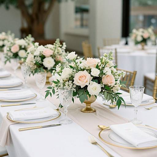 Elegant table setting photograph featuring white and blush pink floral centerpieces, crystal glasses, gold accents, white tablecloths, and gold Chiavari