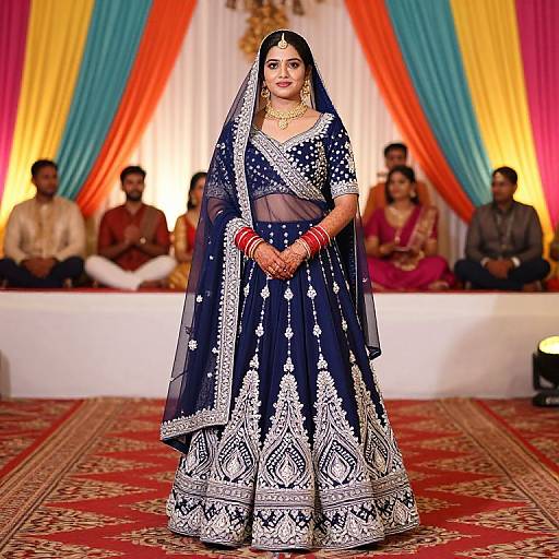 Photograph of a South Asian bride in a navy blue, gold-embroidered saree with a sheer veil, standing on a red carpet,