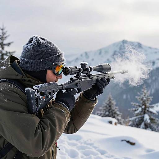 Sniper in Snowy Mountain Landscape