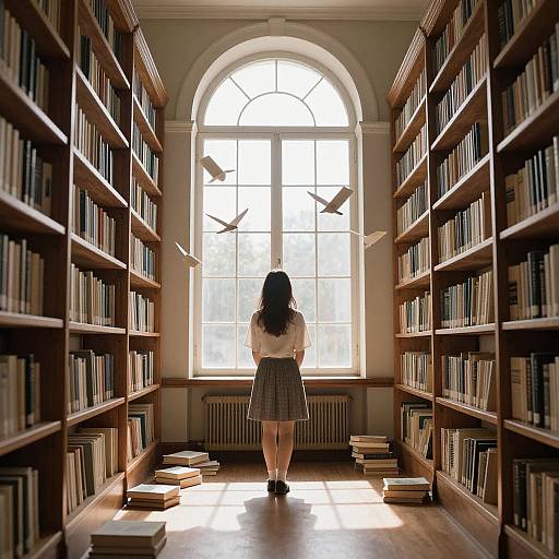 Photograph of a young woman in a school uniform, standing in a sunlit library aisle, facing an arched window, with two white birds flying