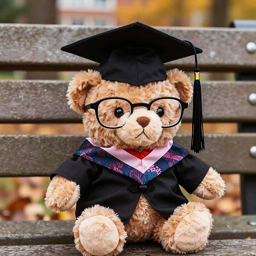 Photograph of a fluffy, light-brown teddy bear wearing black graduation cap, glasses, and gown with colorful stole, sitting on a wooden bench