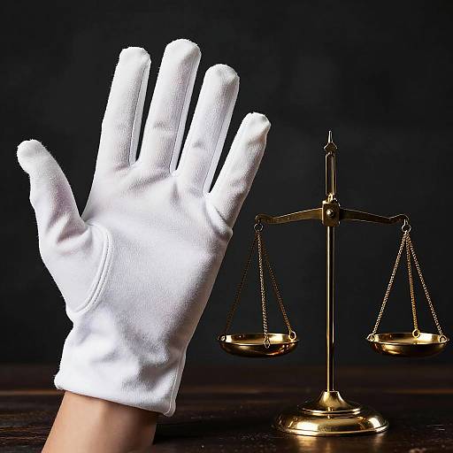 Photograph of a white gloved hand raised, next to a golden balance scale with suspended pans, against a dark background.