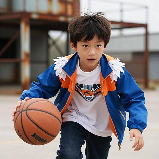 Determined Boy Basketball in Industrial Scene