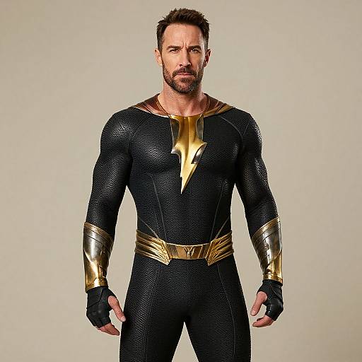 Photograph of a muscular, bearded man in a black, textured superhero suit with gold lightning bolt emblem, gold arm cuffs, and belt, against