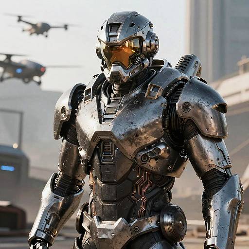 Photorealistic CGI of a muscular, silver-toned Iron Man suit with glowing yellow eyes, standing in a futuristic cityscape with drones in the background