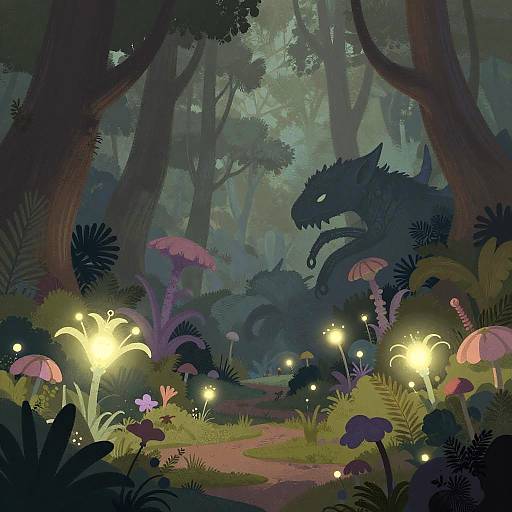 Surreal Fantasy Forest with Glowing Creatures