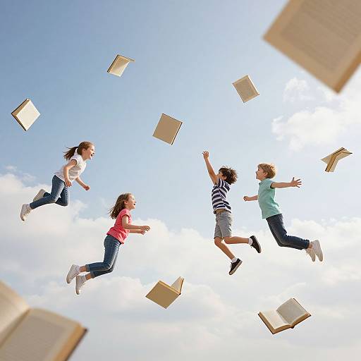 Photograph of four children, two girls and two boys, jumping and throwing open books into a bright blue sky with scattered clouds.