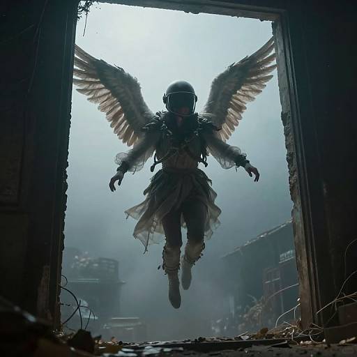 Photograph of a silhouetted angelic soldier with wings, helmet, and tattered clothes, flying through a ruined, smoke-filled doorway.