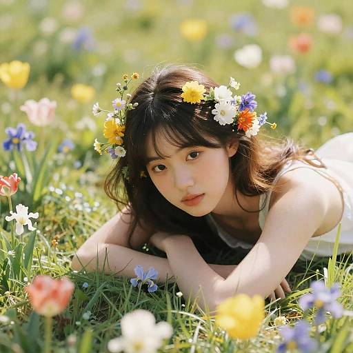 Young Asian woman with dark hair, flower crown, lying in sunlit meadow, surrounded by colorful wildflowers, wearing a sleeveless top. Photograph