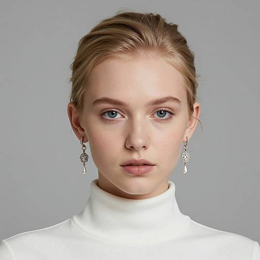 Photograph of a fair-skinned, blue-eyed woman with blonde hair in a neat bun, wearing white turtleneck and ornate silver earrings,
