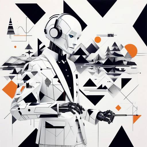 Retro Robotic Musician in Geometric Landscape