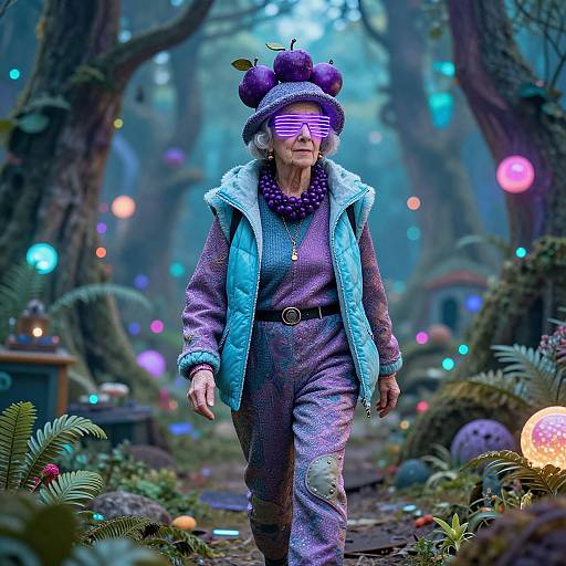 Photograph-style CGI of an elderly woman in a purple outfit, blue jacket, and striped, glowing purple glasses, walking through a magical, colorful forest
