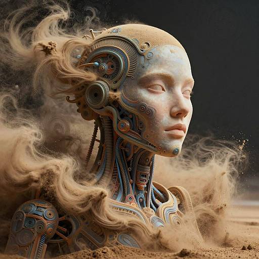 Digital art: cybernetic human head with mechanical gears, wires, and glowing blue accents, surrounded by swirling brown smoke, set against a dark background