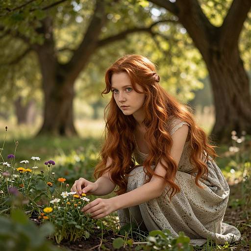 Photograph of a young woman with long red hair, wearing a lace dress, crouching in a sunlit forest, gently touching colorful wildflowers