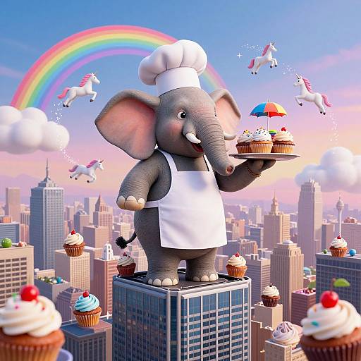 Digital illustration of a giant, smiling elephant in a chef's hat and apron, holding cupcakes, standing on a skyscraper, with unicorns,