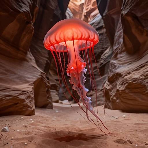 Photograph of a vibrant red jellyfish with long, translucent tentacles floating in a narrow, rocky desert canyon, illuminated by sunlight.
