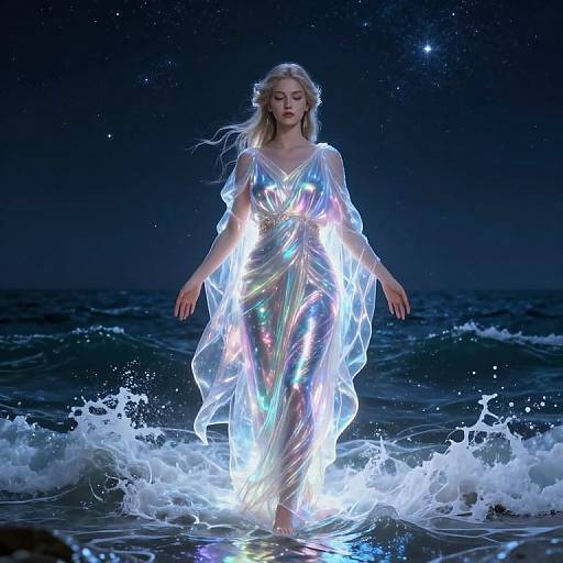 Photograph of a blonde woman in a shimmering, iridescent, translucent dress glowing with light, standing in ocean waves at night under a star