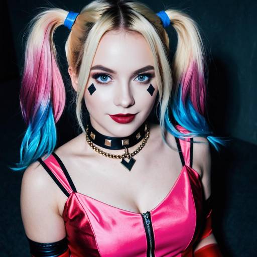 Woman in Harley Quinn Costume with Multicolored Twintails