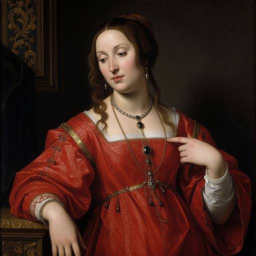 Photorealistic portrait of a pale-skinned woman with brown hair, wearing a red Renaissance dress with gold trim, black jewelry, and white lace cuffs