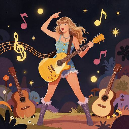 Digital illustration of a blonde woman with curly hair, wearing a blue tank top and shorts, playing a yellow acoustic guitar, surrounded by musical notes, two