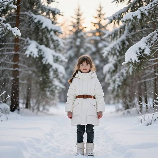 Photograph of a young girl with long brown hair in a braid, wearing a white coat, brown belt, black pants, and white boots,