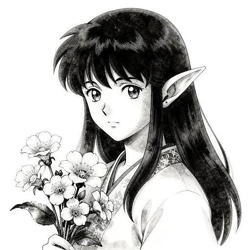 Black-and-white anime-style drawing of a long-haired elf girl with pointed ears, holding flowers, looking slightly to the side.