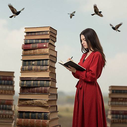Photograph: Brunette woman in red dress reads book, standing beside tall stack of old, leather-bound books, birds flying above, blurred outdoor background