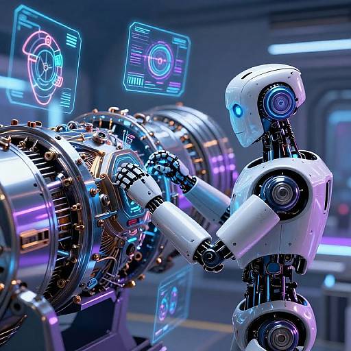 Digital CGI of a white, blue-eyed humanoid robot adjusting complex, illuminated machinery in a futuristic, neon-lit lab with holographic displays.